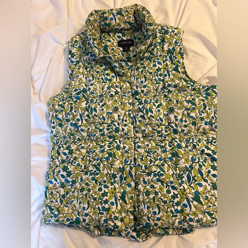 Lands' End Women's Vibrant Floral Vest - Green and Blue